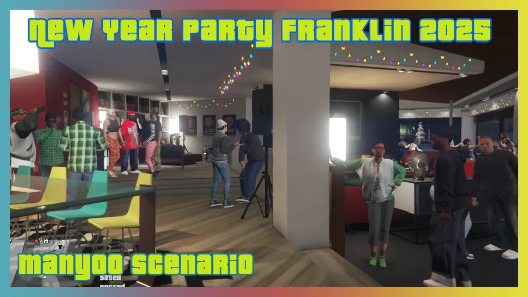 Download New Year Party Franklin 2025 GTA 5 mod – transform Franklin's house into a festive New Year party with decorations and guests. Compatible with Menyoo. Install now!