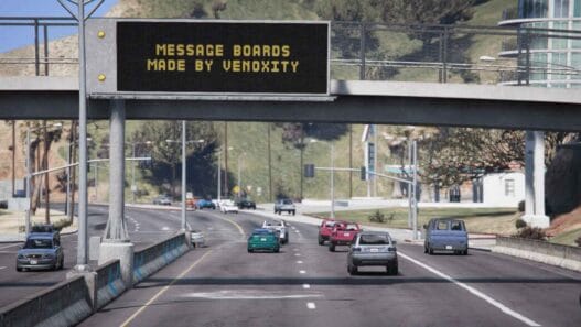 Download MessageBoards for GTA 5 Mods and learn how to install it. Add dynamic variable message signs (VMS) to display real-time road conditions, weather alerts, and custom messages!