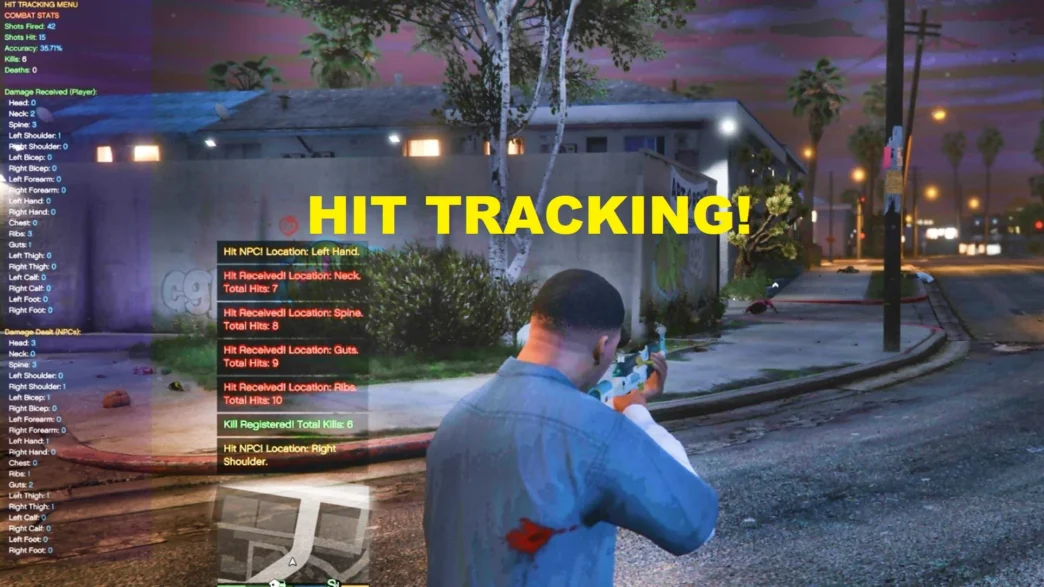 Download and install the latest version of Shot Accuracy Menu for All Weapons and Hit Tracking for GTA 5 legacy & enhanced to monitor your fight performance.