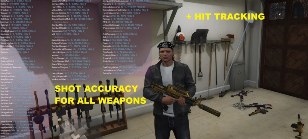 Download and install the latest version of Shot Accuracy Menu for All Weapons and Hit Tracking for GTA 5 legacy & enhanced to monitor your fight performance.