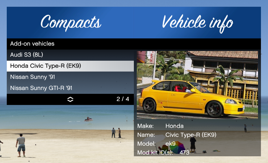 Download and install the Add-On Vehicle Spawner mod for GTA 5. Easily spawn custom vehicles with an intuitive in-game menu, automatic detection, and custom thumbnails.